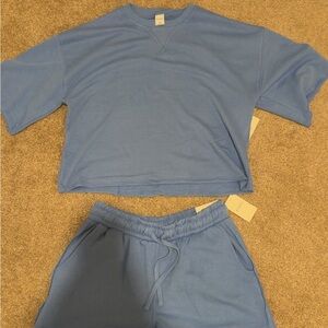 Light Blue Cropped Shirt and Sweat Shorts Set